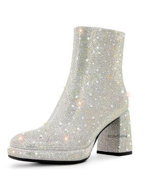 Rhinestone Chunky Block Heeled Ankle Booties Sparkly Platform Boots